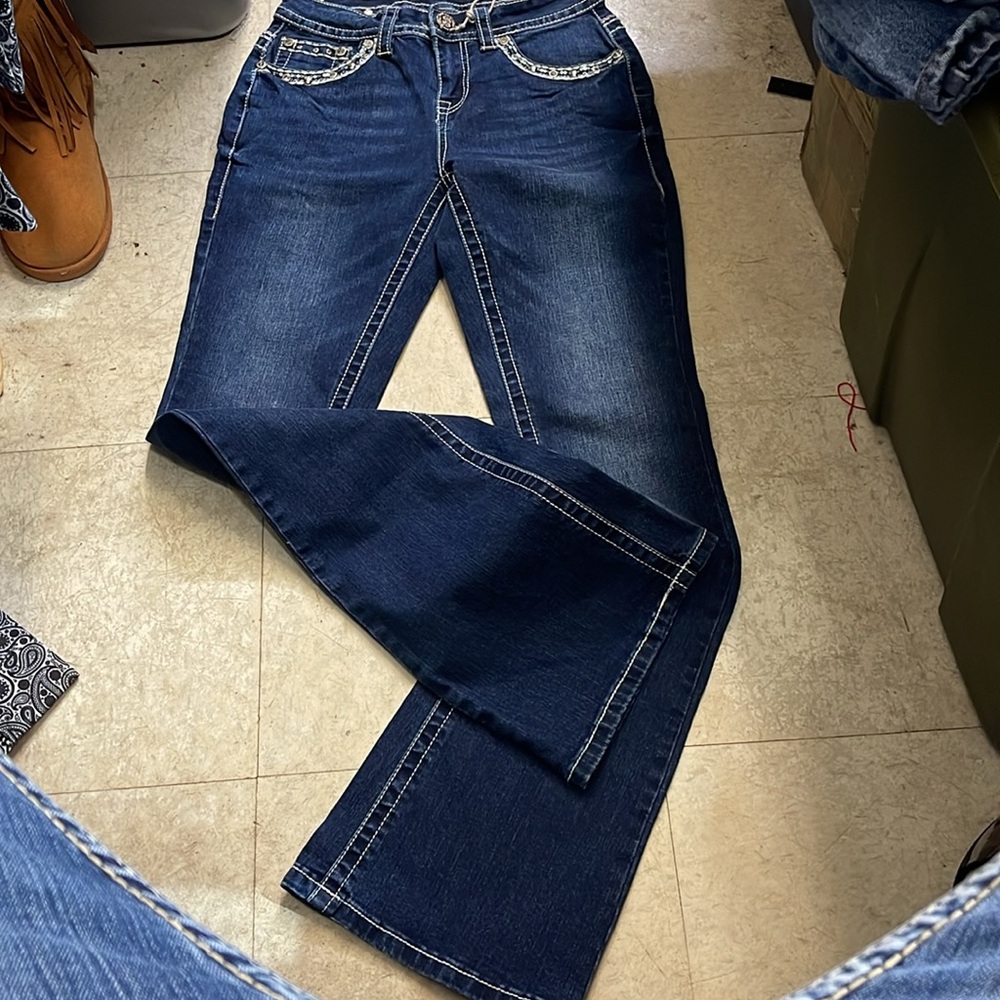 Sexy Couture Rhinestone Cross Pocket Stretch Denim Blue Jeans SZ - Picture 6 of 7